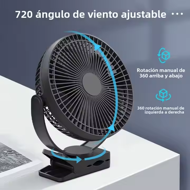 Ventilador portátil recargable de 8 pulgadas con clip, 4 velocidades, potente flujo de aire, ideal para escritorio, golf, gimnasio, viajes y camping. Batería de 10000 mAh. Funciona con pilas.